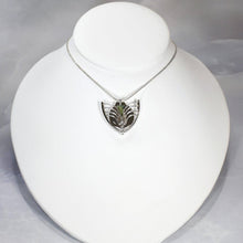 Load image into Gallery viewer, Faye features delicate handcrafted wings to frame this necklace’s substantial eye-catching Green Opal. A beautiful spring green, the stone is striped with shimmering bands and accented by a tiny drop of yellow-green labradorite.