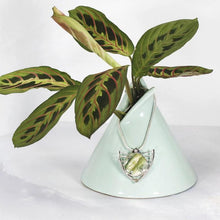 Load image into Gallery viewer, Faye features delicate handcrafted wings to frame this necklace’s substantial eye-catching Green Opal. A beautiful spring green, the stone is striped with shimmering bands and accented by a tiny drop of yellow-green labradorite.