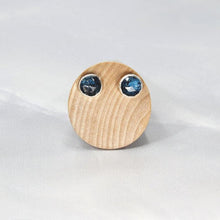 Load image into Gallery viewer, These sweet little earrings feature ethically sourced rosecut Teal Kyanite set in a simple recycled silver bezel. At 9mm wide, they are the perfect size for everyday wear while still adding a flash of sparkle  to your look! These earrings pair perfectly with the Luna Teal Kyanite Necklace.