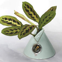 Load image into Gallery viewer, This gorgeous Valarie necklace will be the center of your outfit. A large deep green labradorite with flashy golden stripes is surrounded by a peaked ring of silver and accented by a tiny labradorite set on a hand-textured backer. Delicately hand-cut vine patterns on the back give this piece an extra custom feel.