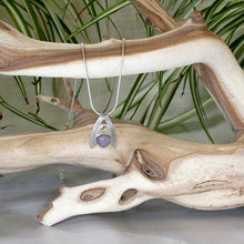 Load image into Gallery viewer, Sleek and polished, the Lilian features a dreamy checker cut Lilac Chalcedony crowned by a soft peachy drop of Labradorite. Smooth wings curve back to seamlessly form a bail that slides along a finely woven foxtail chain.