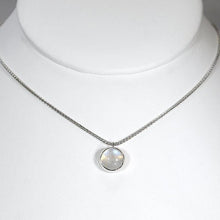 Load image into Gallery viewer, This 11mm Luna necklace features a beautiful round Rainbow Moonstone simply set in a smooth silver bezel. A silver wheat chain completes the clean, classic look you will find yourself wearing over and over.