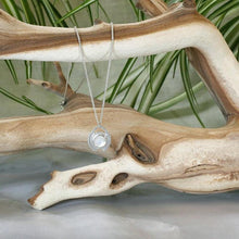 Load image into Gallery viewer, One part portal and one part shield talisman, this aqua blue Labradorite Deidra is all sleek elegance and high shine. Details: Solid sterling silver, partially recycled Natural Labradorite cabochon Pendant: 30 x 27mm 18” long Sterling Silver chain plus 2” Extender Handmade s-hook clasp