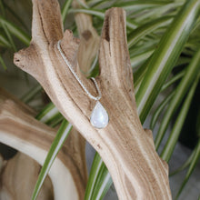 Load image into Gallery viewer, Simple and sweet, the Tess moonstone necklace is a jewel you will reach for over and over. A beautiful blue flash in the cloud-white stone set in a classic silver bezel adds the perfect touch of glam to this easy to wear necklace.