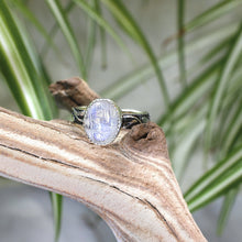 Load image into Gallery viewer, A truly one-of-a-kind piece, the Stevie features a wide textured band wrapped in a hand sculpted leafy vine crowned by a flashy crystalline Rainbow Moonstone. The black patina has been buffed back to highlight the details of this unique jewel.
