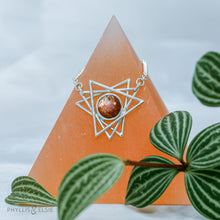 Load image into Gallery viewer, A big shimmering Sunstone cabochon sits nestled in the center of an openwork array of silver points. This necklace pairs beautifully with the Kasey earrings.   Solid sterling silver, partially recycled  Sunstone  Pendant: 30mm x 28mm  17" long plus 2" extender  lobster claw clasp