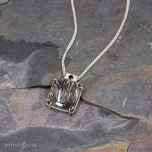 Load image into Gallery viewer, A glamorous Dendritic Quartz held by 8 tapered prongs is capped with a flush set Black Spinel and slides on a sleek silver wheat chain  Solid sterling silver, partially recycled  Dendritic Quartz, Black Spinel  Pendant: 17mm x 22mm  16" Sterling chain, adjustable to 18"  Lobster claw clasp
