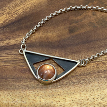 Load image into Gallery viewer, A glowing Sunstone set in a striking patinated shadowbox with a geometric window. The crisp lines of this bold pendant are balanced with a heavy silver rolo chain. Details:  Solid sterling silver, partially recycled  Sunstone  Pendant: 35mm x 17mm  18" sterling chain plus 2" extender
