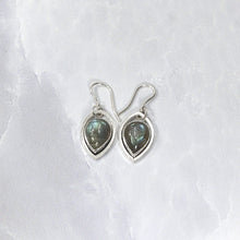 Load image into Gallery viewer, These lovely dangle earrings feature soft blue-grey labradorite teardrops nestled into Sterling Silver leaf hoops. A double loop connection gives these gems lots of movement to catch the light.
