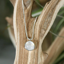 Load image into Gallery viewer, This 11mm Luna necklace features a beautiful round Rainbow Moonstone simply set in a smooth silver bezel. A silver wheat chain completes the clean, classic look you will find yourself wearing over and over.
