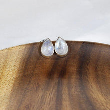 Load image into Gallery viewer, Simple and sweet, these Tess moonstone earrings will be jewels you reach for over and over. Easy to wear studs paired with beautiful flashy teardrop stones make these a wardrobe classic.
