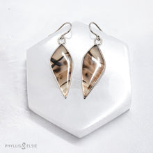 Load image into Gallery viewer, Bold and beautiful matching slices of Montana Agate set in sterling silver bezels with open backs to let the sun shine through.   Details:  Solid sterling silver, partially recycled  Montana Agate  Earring faces: 15mm x 38mm  Sterling silver ear hooks
