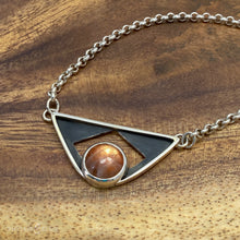 Load image into Gallery viewer, A glowing Sunstone set in a striking patinated shadowbox with a geometric window. The crisp lines of this bold pendant are balanced with a heavy silver rolo chain. Details:  Solid sterling silver, partially recycled  Sunstone  Pendant: 35mm x 17mm  18&quot; sterling chain plus 2&quot; extender
